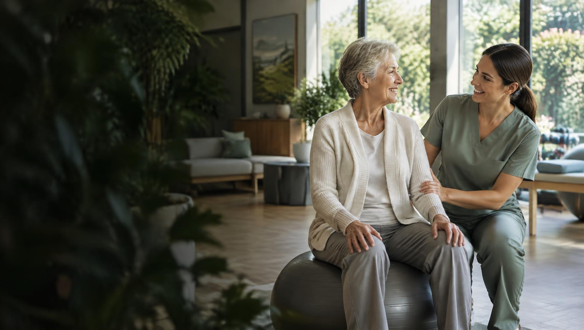 Original editorial illustration of an older woman and a care professional sharing a warm moment; not actual Sun Mar people or premises