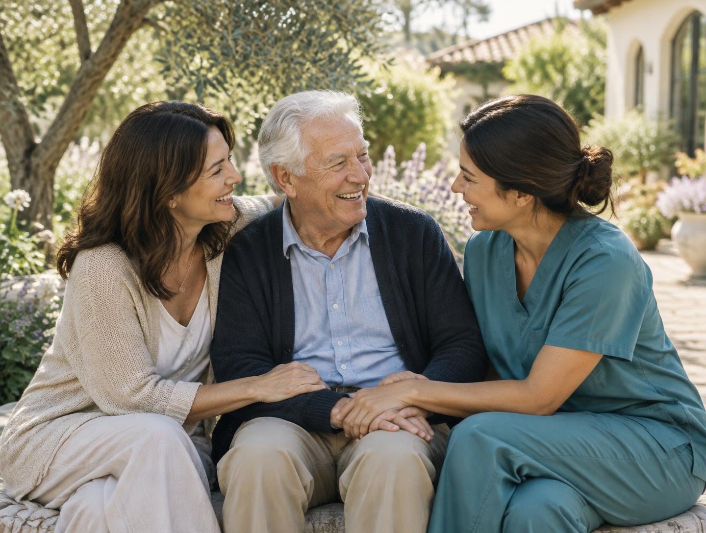 Original editorial scene of a family and care professional together in a garden; fictional models, not Sun Mar staff