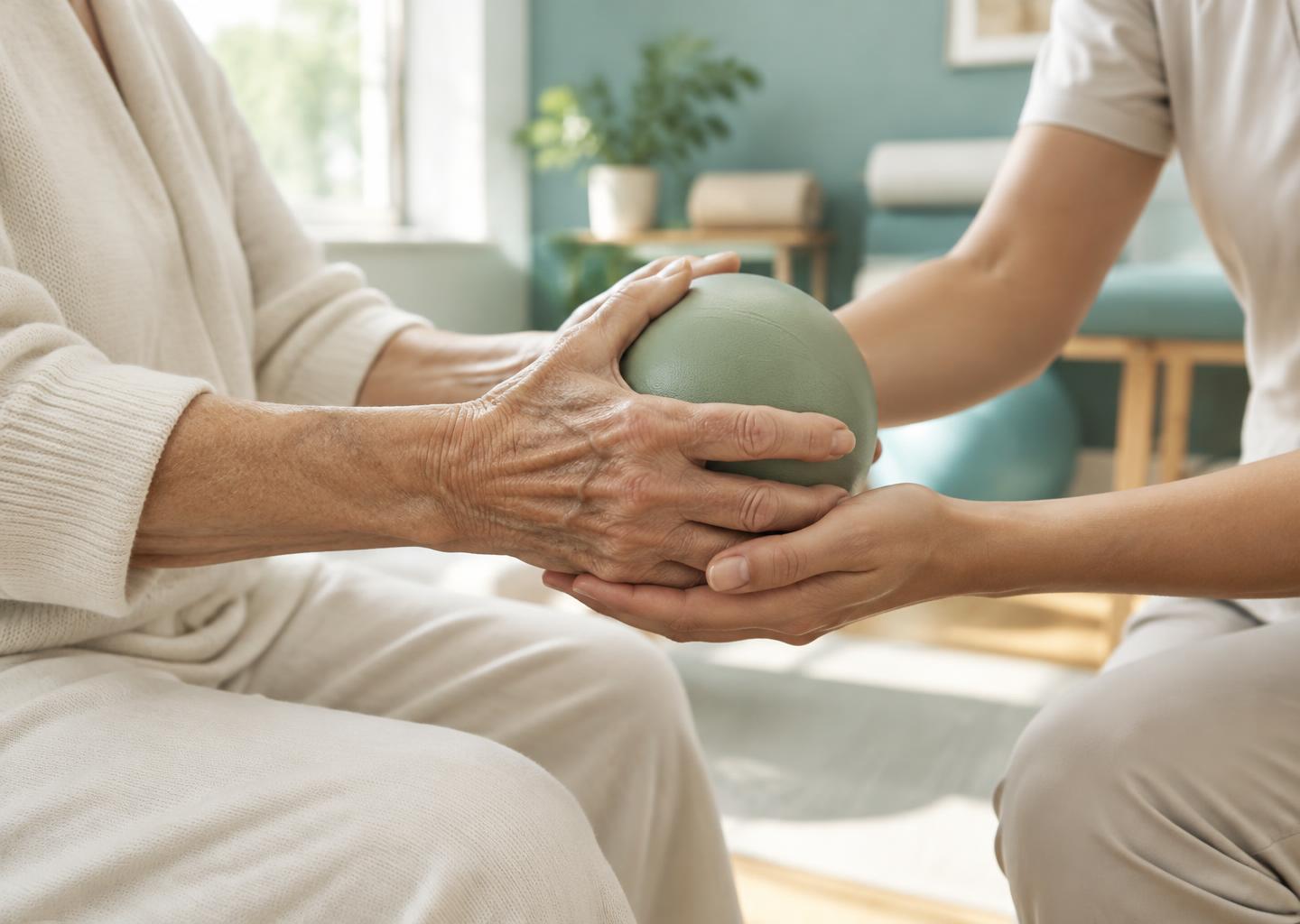 Original editorial close-up of hands supporting a gentle therapy exercise